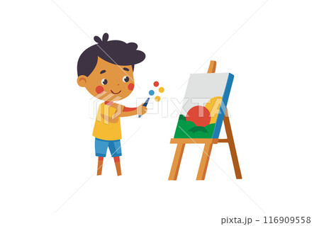 Cheerful child painting on canvas with easel, exploring creativity and art 116909558