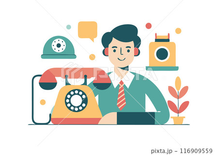 Customer service representative with retro telephone and headset in a modern office illustration 116909559