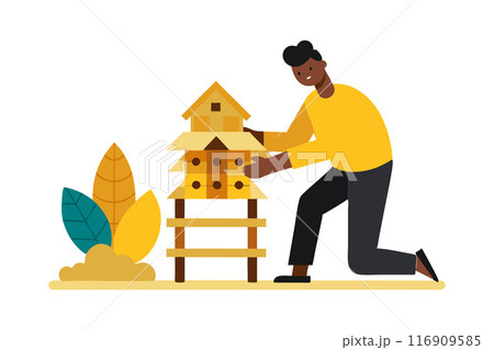 Illustration of a person tending to a birdhouse surrounded by plants with autumn colors 116909585