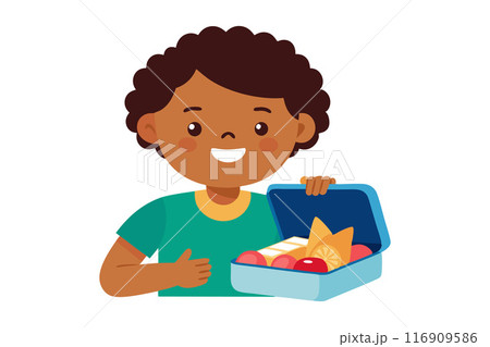 Happy child holding a lunchbox filled with healthy snacks and food 116909586