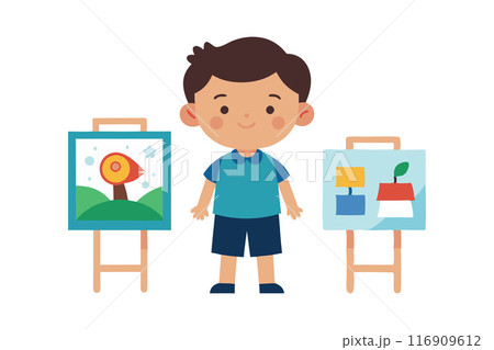 Cute child standing between colorful paintings on easels with smiling expression 116909612