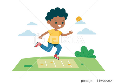 Happy child playing hopscotch outdoors on a sunny day in the park 116909621