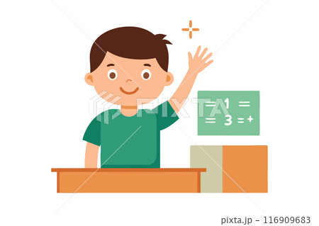 Happy student raising hand in classroom, eager to answer math question with chalkboard in background Happy student raising hand in classroom, eager to answer math question with chalkboard in background 116909683