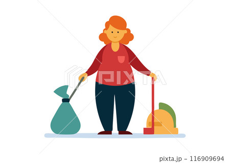 Illustration of woman doing household cleaning with a vacuum and garbage bag 116909694