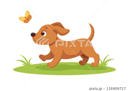 Cute cartoon puppy chasing a butterfly on a grassy field 116909727