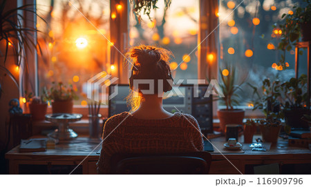Girl working on laptop at home office. Work - life integration concepts. 116909796