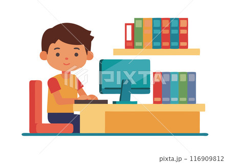 Cartoon boy using computer at desk with bookshelf in a library setting Cartoon boy using computer at desk with bookshelf in a library setting 116909812
