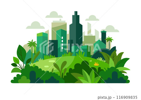 Green cityscape surrounded by lush plants and trees illustrating environmental sustainability 116909835