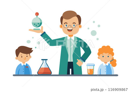 Cartoon scientist with children conducting experiment in lab setting Cartoon scientist with children conducting experiment in lab setting 116909867