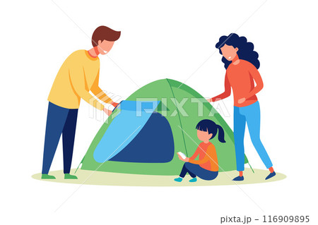 Happy family setting up a green tent together, enjoying outdoor camping activity 116909895