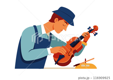 Illustration of a craftsman focused on repairing a violin with precision and care Illustration of a craftsman focused on repairing a violin with precision and care 116909925