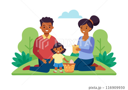 Happy family enjoying a picnic in the park with their child on a sunny day 116909930