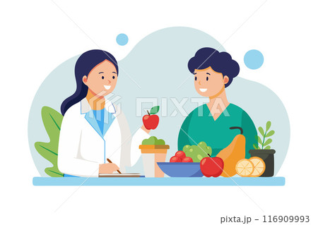 Nutritionist giving dietary advice to a patient in a consultation with fresh fruits and vegetables on the table 116909993