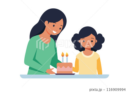 Mother and daughter celebrating a birthday with a cake and candles 116909994