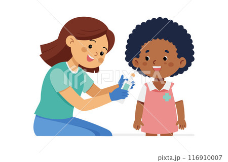 Illustration of a nurse giving a child a vaccination shot in a friendly healthcare setting Illustration of a nurse giving a child a vaccination shot in a friendly healthcare setting 116910007
