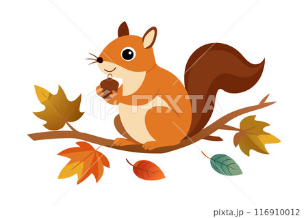 Cute cartoon squirrel holding an acorn on a branch with autumn leaves Cute cartoon squirrel holding an acorn on a branch with autumn leaves 116910012