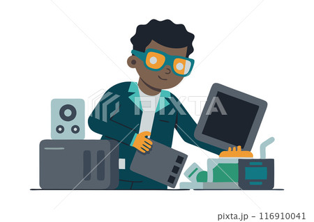 Tech enthusiast fixing a electronic device in a workshop setting Tech enthusiast fixing a electronic device in a workshop setting 116910041