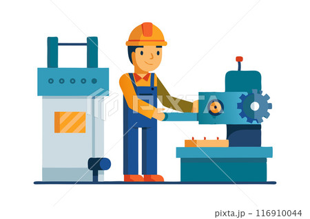 Illustration of a factory worker operating industrial machinery in a manufacturing setting Illustration of a factory worker operating industrial machinery in a manufacturing setting 116910044