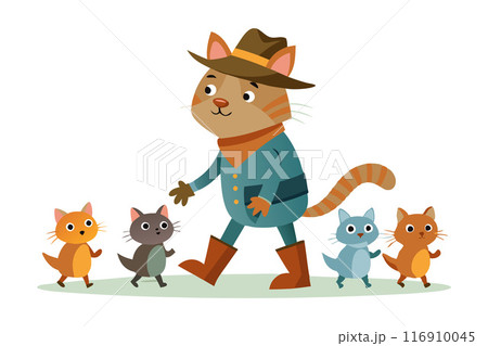 Cartoon cat in a hat and coat walking with four different colored kittens Cartoon cat in a hat and coat walking with four different colored kittens 116910045