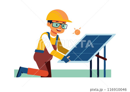 Cartoon technician installing solar panel on rooftop during sunny day 116910046