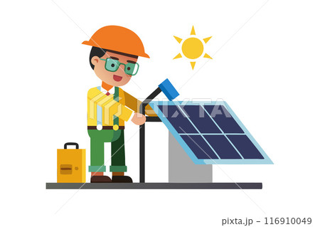 Cartoon engineer inspecting solar panel with sunlight on a white background Cartoon engineer inspecting solar panel with sunlight on a white background 116910049