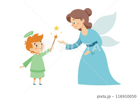 Illustration of a fairy and a child with a magic wand creating a bright star 116910050