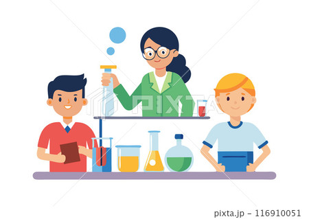 Students and teacher conducting a science experiment in the laboratory Students and teacher conducting a science experiment in the laboratory 116910051