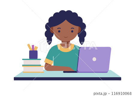 Illustration of young student studying online with a laptop at a desk 116910068