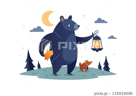 Cartoon illustration of a bear and baby bear with lantern under moonlight in forest 116910096