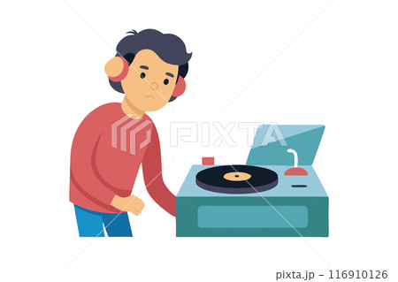 Young person listening to music on a retro record player with headphones 116910126