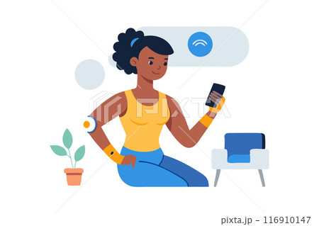 Woman exercising at home with smart technology and smartphone in modern flat design illustration Woman exercising at home with smart technology and smartphone in modern flat design illustration 116910147