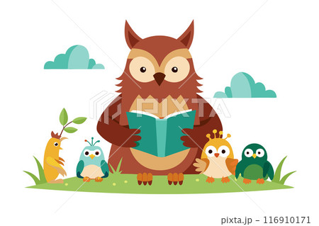 Cute owl reading a book to three little birds in a whimsical outdoor scene Cute owl reading a book to three little birds in a whimsical outdoor scene 116910171