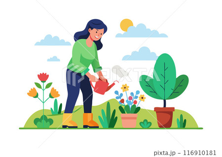 Woman watering plants in a cheerful garden on a sunny day Woman watering plants in a cheerful garden on a sunny day 116910181