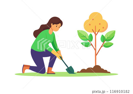 Illustration of a woman planting a tree in a garden setting for environmental conservation Illustration of a woman planting a tree in a garden setting for environmental conservation 116910182