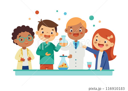 Children learning science with laboratory equipment in a classroom setting Children learning science with laboratory equipment in a classroom setting 116910183