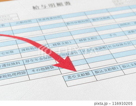 給与明細書の差引支給額の項目と下降矢印　給与明細　下向き　減る　減少　手取り 116910205