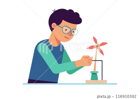 Young man working on wind turbine model for renewable energy education Young man working on wind turbine model for renewable energy education 116910382