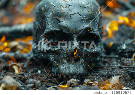 Flaming human skull on fire on the battlefield 116910675