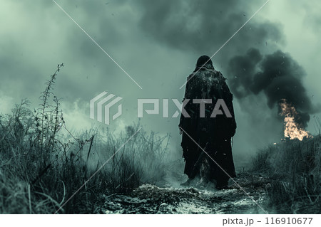 A man in a torn raincoat walks across the battlefield after the battle 116910677