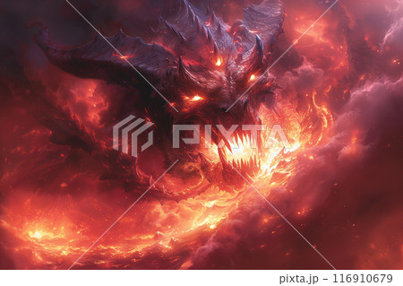 Fire-breathing dragon in flames Fire-breathing dragon in flames 116910679