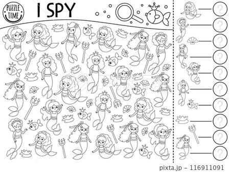 Mermaid black and white I spy game for kids. Searching, counting line activity with trident, seashell, fish. Fairytale ocean kingdom printable worksheet. Marine spotting puzzle, coloring page 116911091