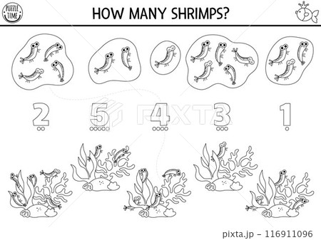 Match the numbers mermaid black and white game with shrimps in seaweeds. Ocean kingdom math activity or coloring page. Marine line educational counting worksheet with sea animals 116911096