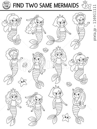Find two same mermaids. Black and white fairytale ocean kingdom matching activity for children. Marine educational quiz worksheet, coloring page. Line printable game with sea princess 116911111