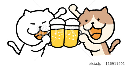 お酒を飲む目が細いかわいい白猫のキャラ素材のイラスト素材