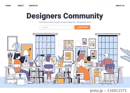 Designers Community workspace creative team working modern office interior plants bookshelves large windows minimalistic line art 116911571