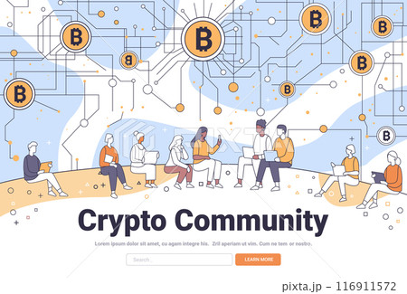 Crypto Community people discussing Bitcoin network technology digital currency sitting together laptops mobile devices minimalistic line art style 116911572