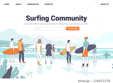 Surfers on beach holding surfboards facing ocean waves mountains in background people watching birds flying sky surfing community concept 116911576