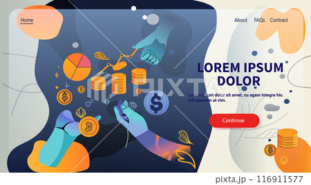 Financial technology concept with hands handling cryptocurrency and coins charts and graphs on abstract background 116911577