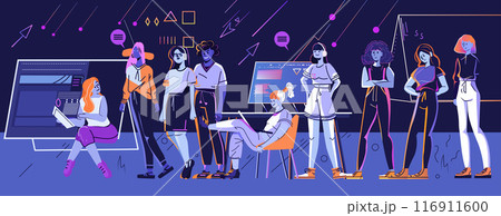 Diverse group of young people collaborating in a tech workspace with computers and abstract elements futuristic teamwork concept 116911600