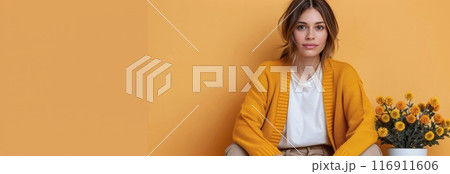 Woman Wearing Yellow Cardigan in Front of Yellow Wall 116911606